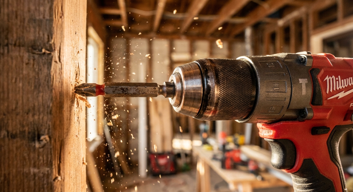 zoom sur une perceuse-visseuse MILWAUKEE M18 en action lors de travaux de rénovation intérieure